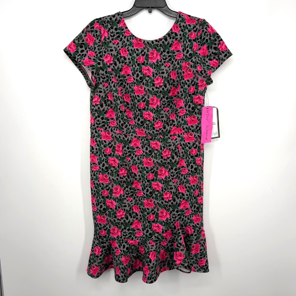 Betsey Johnson Dress Womens 14W Pink Pop Multi New Floral Leopard Ruffle Hem